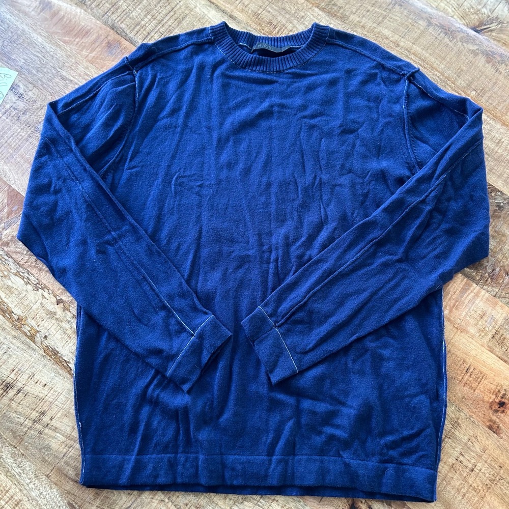Raffi Mens Navy Blue Crew Neck Sweater Exposed Seam Fine Knit Large
